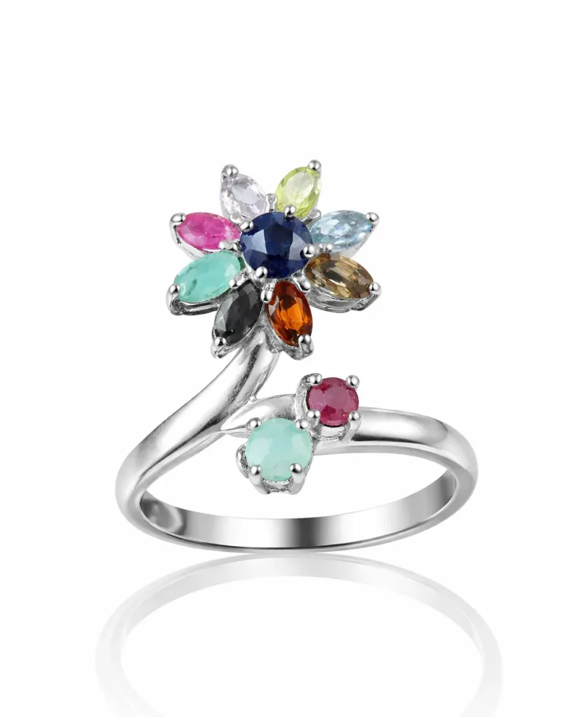 Safir, Yakut, Topaz, Zebercet, Lal, Zümrüt & Dumanlı Kuvars Özel Tasarım Gümüş Yüzük